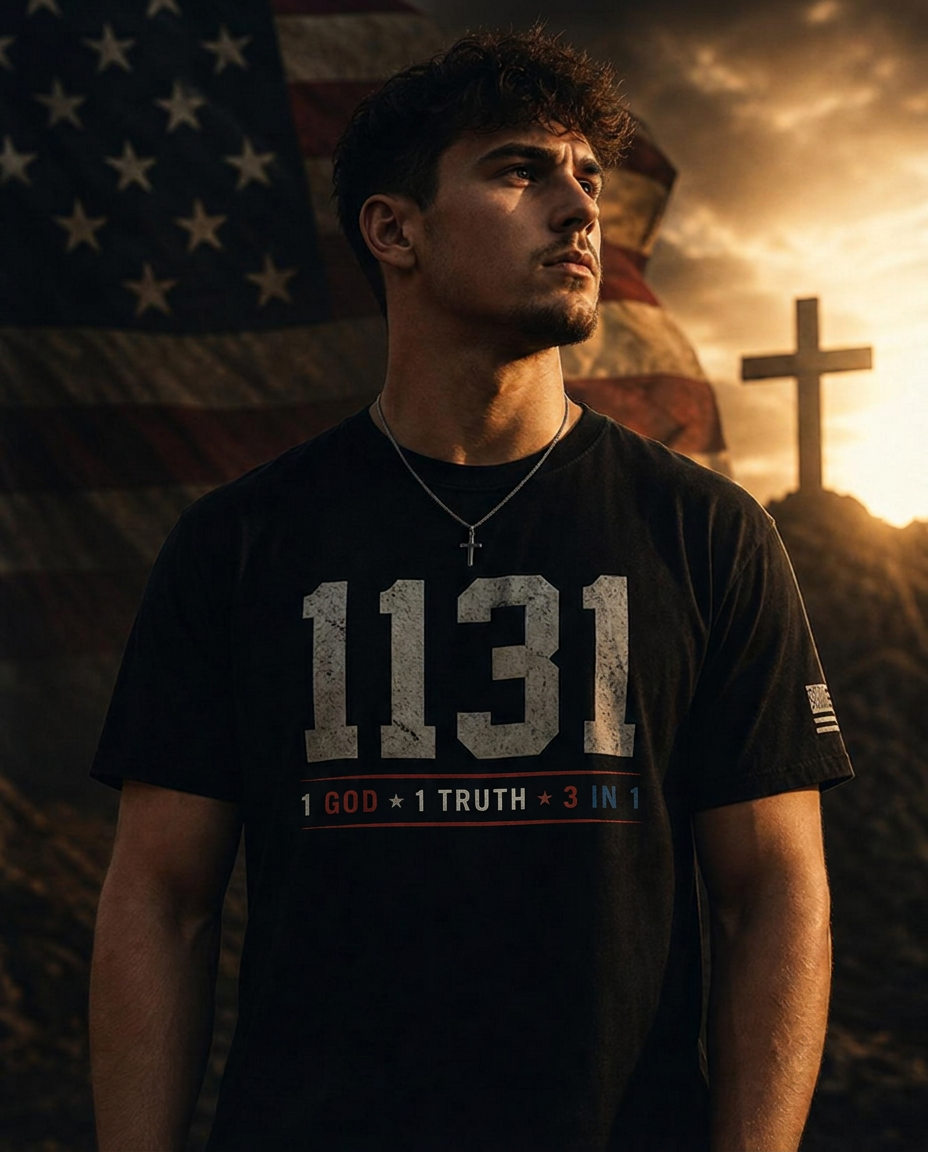 Man wearing 113in1 1131 tee with American flag and cross at golden hour